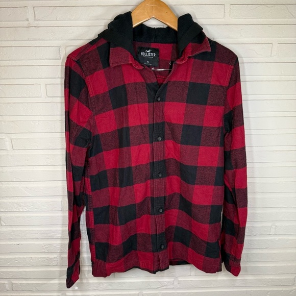 Hollister Black and Red Plaid Cotton Flannel Hooded Shacket, Men’s Size Small - Picture 1 of 9